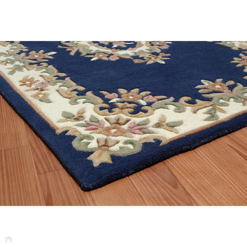 Royal Traditional Floral Aubusson Medallion Border French-Style Hand-Carved Hi-Low Textured Soft Durable Wool Blue Round Rug-Melrose-Rug Love - The Most Loved Rug Store